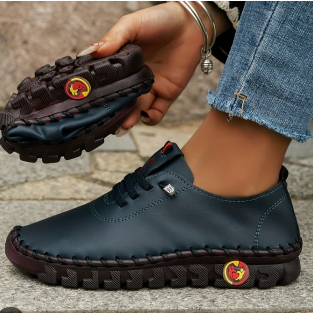 Women's PU Casual Lace-Up Faux Leather Loafers - Navy